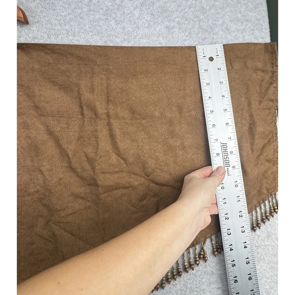 Vintage Faux Suede Beaded Curtain Valance Panels Set of 2 Brown Wood Bead Fringe